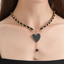 GIGB PBDK Black Tassel Pendant Necklace Dainty Y2k Heart Cross Butterfly Choker Necklace Trendy Statement Chain Choker Party Jewelry Accessories Gift for Women (Heart)