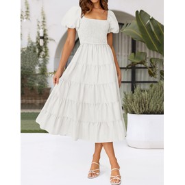 ZESICA Women's 2025 Summer Square Neck Short Puff Sleeve Solid Color High Waist Casual Smocked Flowy A Line Tiered Midi Dress,White,X-Small