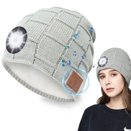 PUNLIM Headlamp Beanie Hat with Light,Unisex Rechargeable 5 Led headlamp Cap with Wireless Bluetooth Headphones LightGray
