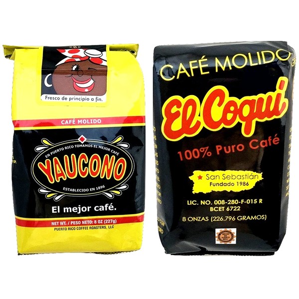 Yaucono Coffee and Café El Coqui Puerto Rican Ground Coffee Variety:– Café Yaucono y Café El Coquí de Puerto Rico - in 8 oz bags (1lb Total)- Two of the best Puerto Rico Coffee