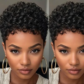 Pelucas cortas rizadas con corte Pixie y flequillo de cabello humano para mujeres negras, sin encaje, a máquina, con tapa de red rosa, peluca Pixie de