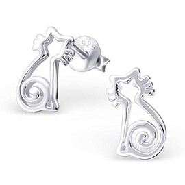 Monkimau Girls' Cat Stud Earrings 925 Sterling Silver, Sterling Silver, Cubic Zirconia