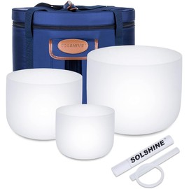 432HZ 7inch 8inch 9Inch Set Of 3 Pcs Quartz Crystal Singing Bowls Set with Thick Carrying Case Bag, Suede Mallet, O-ring, Chakra Sound Bowl for Spiritual Healing, Mindfulness, Meditation, Yoga