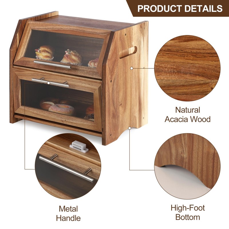 Garvee Double Layer Bread Box – Acacia Wood Bread Bin