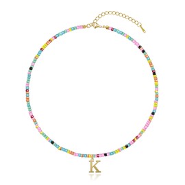 Yifnny Colorful Beaded Initial Necklaces, Letter Pendant Summer Beach Necklace Boho 18K Gold Plated Jewelry Gold Initial Rainbow Beaded Necklace Colorful Beaded Choker for Women (K)