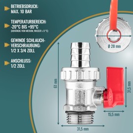 Poppstar Kugelhahn für Kessel, 1/2 Zoll, Messing, matt, selbstdichtend, verchromt