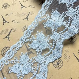 8CM Width Europe Crown Ribbon Wedding Applique Inelastic Embroidery Lace Trim,Curtain Tablecloth Slipcover Bridal DIY Clothing/Accessories.(2 Yards in one Package) (Lake Blue)
