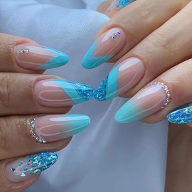 IMSOHOT Almond Press on Nails French Medium Blue Fake Nails Glitter Gradient False Nails with Designs Rhinestone Full Cover Acrylic Nails Glossy Glue on Nails for Women 24pcs