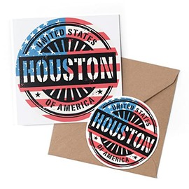 1 x Greeting Card & 10 cm Round Sticker Set - Houston USA American Flag Stamp - Birthday Thank You Friend Lover Fan Mum Dad Kids #6050