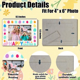 IKFRGN Happy Easter Picture Frame For 4X6 Photos - Wood Color Wooden Photoframe With Stand - Eggs And Cute Bunny Theme Display Frame For Kids Teens Easter Home Desk Decorations & Supplies - B02