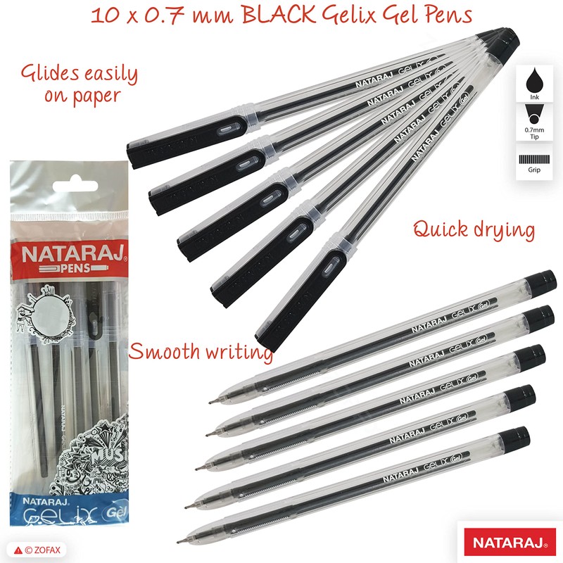 NATARAJ - 10 Gelix Gel BLACK Pens 0.7mm Fine Tip