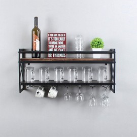 MBQQ Wine Rack Stemware Glass Rack,Industrial 2-Tier Wood Shelf,30" Wall Mounted Wine Racks with 7 Stem Glass Holder for Wine Glasses,Mugs,Home Decor,Retro Black