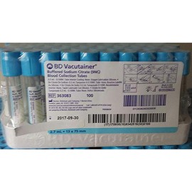 BD Medical Systems 363083 Vacutainer Plus Plastic Citrate Tube, Translucent Light Blue BD Hemogard Closure, 13 mm x 75 mm Size, 2.7 mL Capacity (Pack of 100)