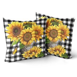 Sunflower Pillow Cover Set of 2 Black Buffalo Plaid Yellow Floral with Butterfly Cotton Decorative Throw Pillow Case Cushion Cover for Bedroom Sofa Living Room Couch Chair Office 18 x 18 Inch