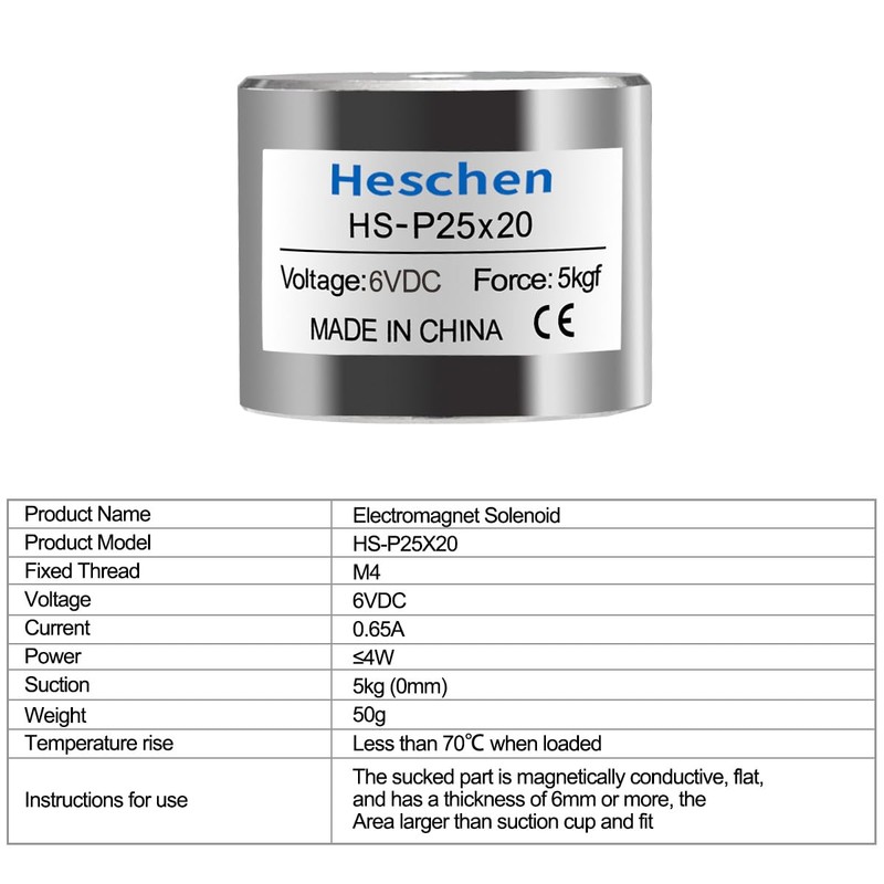 Heschen Electromagnet Magnet Solenoid, P25/20, OD 25mm, DC 6V, 4W,