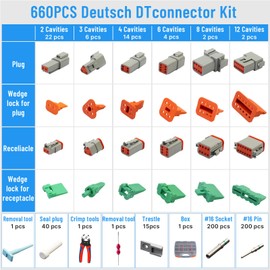 659PCS Deutsch Connectors Kit, 2/3/4/6/8/12 Pin DT Connectors, Size 16 Solid Terminal Contacts, Removal Tool with Crimping Tool, for 14-20 AWG, Grey
