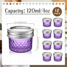 Zhehao 12 Pcs Mason Canning Jars 4 oz Jelly Jars with Regular Lids Mini Honey Jars for Wedding Shower Favors DIY Projects Candle Holding Spice Jam Fruit Smoothie Salad Dressing Ketchup (Purple)