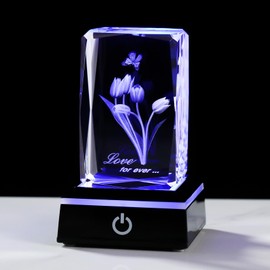 Crystal 3D Tulip with Butterfly Figurine Gifts for Women Wife Engraved Flowers Keepsake with LED Base for Birthday Mother's Day, Glass Floral Ornaments for Her Girlfriend Christmas