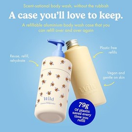 Wild Refillable Body Wash Starter Kit - Bee Print Aluminium Case & 3 Pack of Shower Gel Refills in a Variety of Scents - 95% Natural Ingredients - Honey & Almond, Amber & Oud, Santorini Sunset Scents