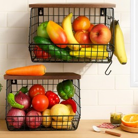Wacloud 2-Pack Hanging Fruit Basket for Kitchen, Wall Mounted Metal Wire Storage Bins w/Wood Lid, Banana Hook, Stackable Vegetable Organiser for Countertop Pantry Produce Fruits Onion and Potato