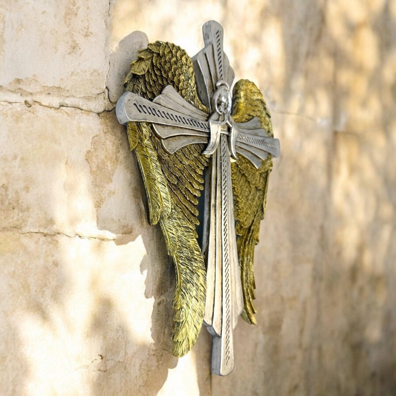 Top Brass Decorative Angel Wing Wall Cross – Gold and