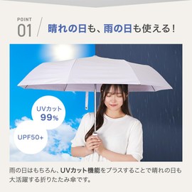 Folding Parasol, For Rain or Shine, Ultra Lightweight, 99% UV Protection, UPF 50+, Light Blocking, Heat Blocking, One-Touch Automatic Opening/Closing, Compact, UV Protection, Windproof, Water