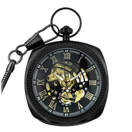 TruClothing Mechanical Skeleton Open Face Square Pocket Watch with Chain - Black Gold One Size