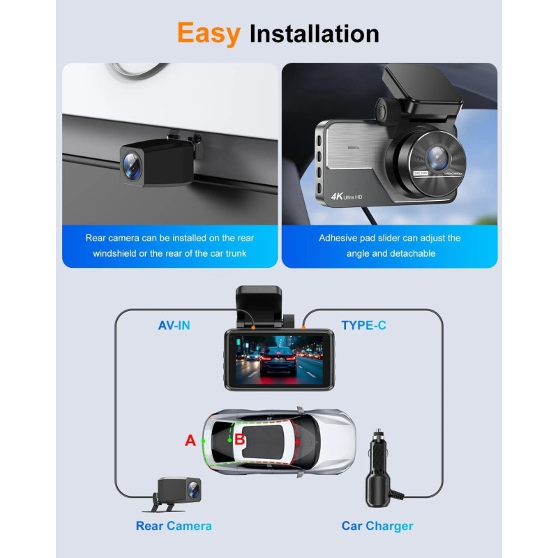 RENGAC 4K Dash Cam Front and Rear Dual Dash Camera