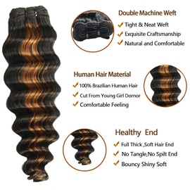 P1B/30 Human Hair Bundles with Closure Ombre 2 Tone Black Mixed with Brown Highlight Brazilian Loose Deep 3Bundles 12" 14" 16" and 4×4 Closure 12" for Women Sew In Glue In Quick Weave