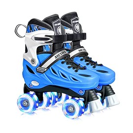 METROLLER Roller Skates for Girls and Boys Ages 4-12, Adjustable 4 Sizes for Kids Toddler Rollerskates with Light up Wheels, for Women and Men (Large-Youth & Adult (4-7 US), Blue)