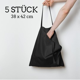 Pack of 1 or 5 Cotton Bags, 38 x 42 cm, Unprinted, Two Long Handles, Oeko-Tex® Certified Fabric Bag, Tote Bag, Cotton Bag, Shopping Bag, Jute Bag, Fabric Bag, Shopping Bag, Natural, Black | 5 Pockets