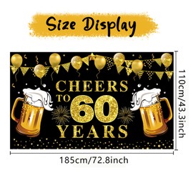 Cheers to 60 Years Banner Backdrop, Black Gold Happy 60th Birthday Decorations, 60 Anniversary Banner Poster Sign Party Supplies (72.8 x 43.3 Inch)