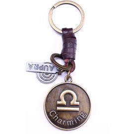 AuPra Libra Zodiac Leather Keyring Best Friend Gift Idea Women & Men Safe House Keychain Scales Horoscope Simbol Charm Girl & Boy Friendship Small Present Car Key Ring Pendant