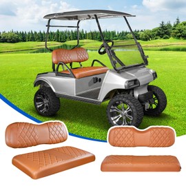 NOKINS 4PCS Golf Cart Diamond Seat Covers Kit, Front and Rear Seat Covers Fits Club Car DS 2000.5-Up Standard Seat Cushion, Club Car DS Vinyl Seat Covers Accessories (All Brown)