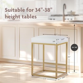 ALPHA HOME 24 Inch Counter Height Bar Stools, Upholstered Bar Stools for Kitchen Island, Counter Stools with Faux Leather Cushion and Sturdy Metal Frame, Modern Barstools, White and Gold