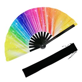 YKuzLx 13‘’ Large Rave Fan for Men Women, Popping Fan for Line Dancing, Decorative Folding Hand Fan for Party, Home Decoration, Gift, Music Festival Essential, EDM Rave Accessories (Rainbow2)