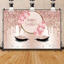 Mestiker 7x5ft Rose Gold Happy Birthday Banner Backdrop Pink Cream Nice Eyelashes Happy Birthday Backdrop for Women Pink 40th 50th Background Photo Booth Decor
