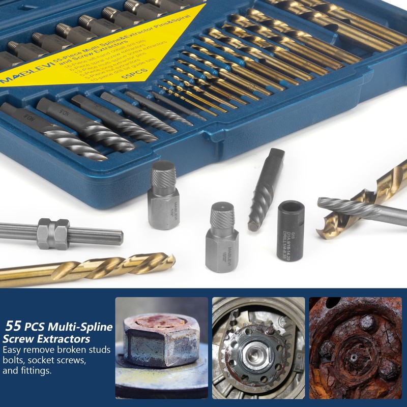 MABLEVI 55-Piece Screw Extractor Set, Broken Bolt extractors & Multi-Spline