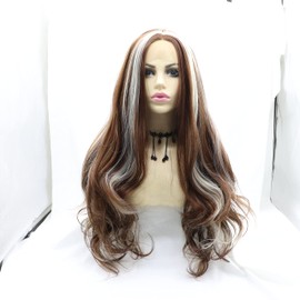 xiweiya White Highlight Mixed Blonde Brown Lace front Wig Long Body Wave Brown 13 * 3 Lace Front Wig Heat Resistant Fiber Brown White Wigs for women 24inch
