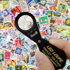 10x Magnifier Jewelry Loupe LED UV 21mm Triplet Lens Optical Glass Pocket Gem Magnifying Tool Jeweler, Stamp Philatelist, Coin Numismatic