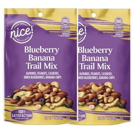 Blueberry Banana Nice Nut Trail Mix Bag: Almonds, Peanuts, Cashews, Dried Blueberries, Banana Chips, Snack Snacking Food Fruit Treat, 2 Pack, 7oz Each