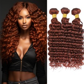 14 16 18 inch Color 33 Human Hair Copper Red Deep Wave Bundles Human Hair Reddish Brown Deep Curly Bundles Auburn Bundles Human Hair Double Weft Remy Hair Wet and Wavy Bundles Silky and Soft