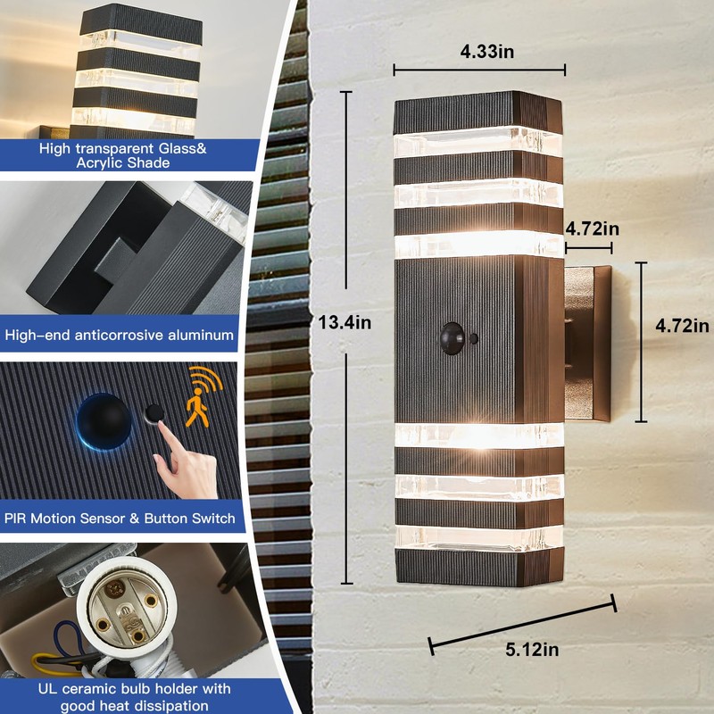 2 Pack Motion Sensor Outdoor Wall Light Fixture Up Down