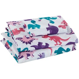 Better Home Style Multicolor Pink Blue Purple Dinosaurs Design for Girls/Kids/Teens 4 Piece Sheet Set with Pillowcases Flat and Fitted Sheets # Dinosaur Land Pink (Queen)