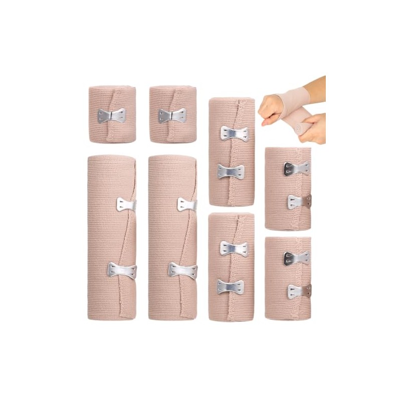 8 Pcs Reusable Compression Bandages with Clips, 5-15cm x 4.5M