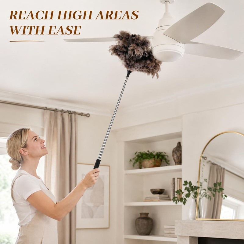 Extendable Ostrich Feather Duster 17–40 Inch, Fluffy Long Handle Reusable