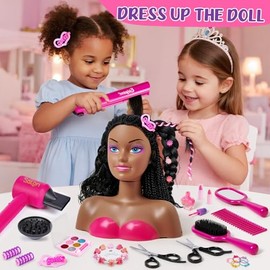 Cleboen Doll Head for Hair Styling Kids, Pretend Play Beauty Salon Makeup Kit with Hair Dryer, Straightener & Real Nail Polish, 35PCS Hair Accessories