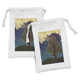 Ambesonne Nature Fabric Pouch Set of 2, Funk Art Vibrant Starry Night Sky Puffy Clouds Tree Illustration Print, Small Drawstring Bag for Toiletries Masks and Favors, 9" x 6", Multicolor
