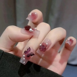 HAPVITAL Gel Nail Stickers, Pack of 24, Long Nail Stickers, For Spring/Summer Trend, Butterfly, 3D Feel, Easy to Apply, Reusable, Popular Design, False Nails, Nail Art, Nail Parts, Stylish, Beginners, Coming-of-Age Ceremonies, Burgundy Butterfly