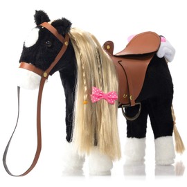 BEJOY Plush Horse Toy, Comb Horse Plush Toy with Saddle, Bridle and Cotton Cloth, Pretend Play Horse Gift for Girls Children, 28 cm, Black